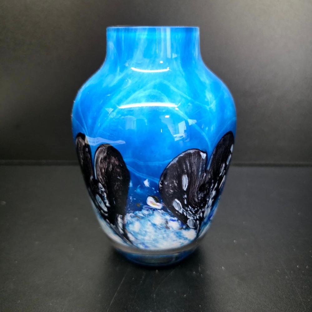 Art Glass Vase Small Blue Swirl Butterfly Pattern Handblown Abstract Modern